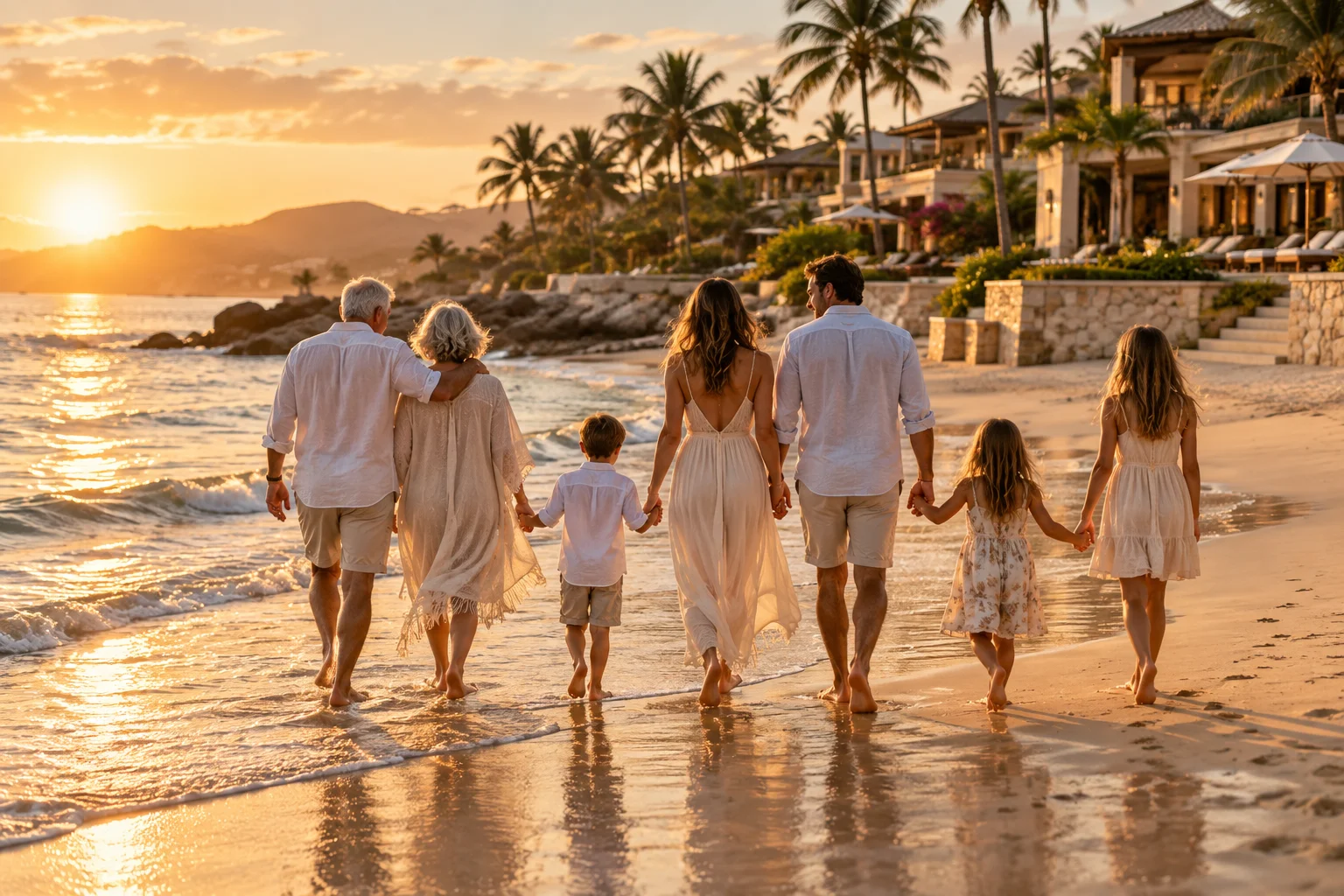 Família caminhando na praia de um resort de luxo
