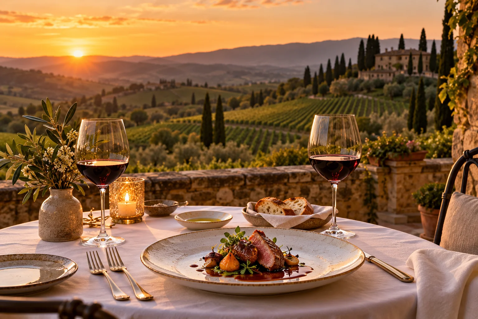 Jantar com vinho em terraço com vista para vinhedos