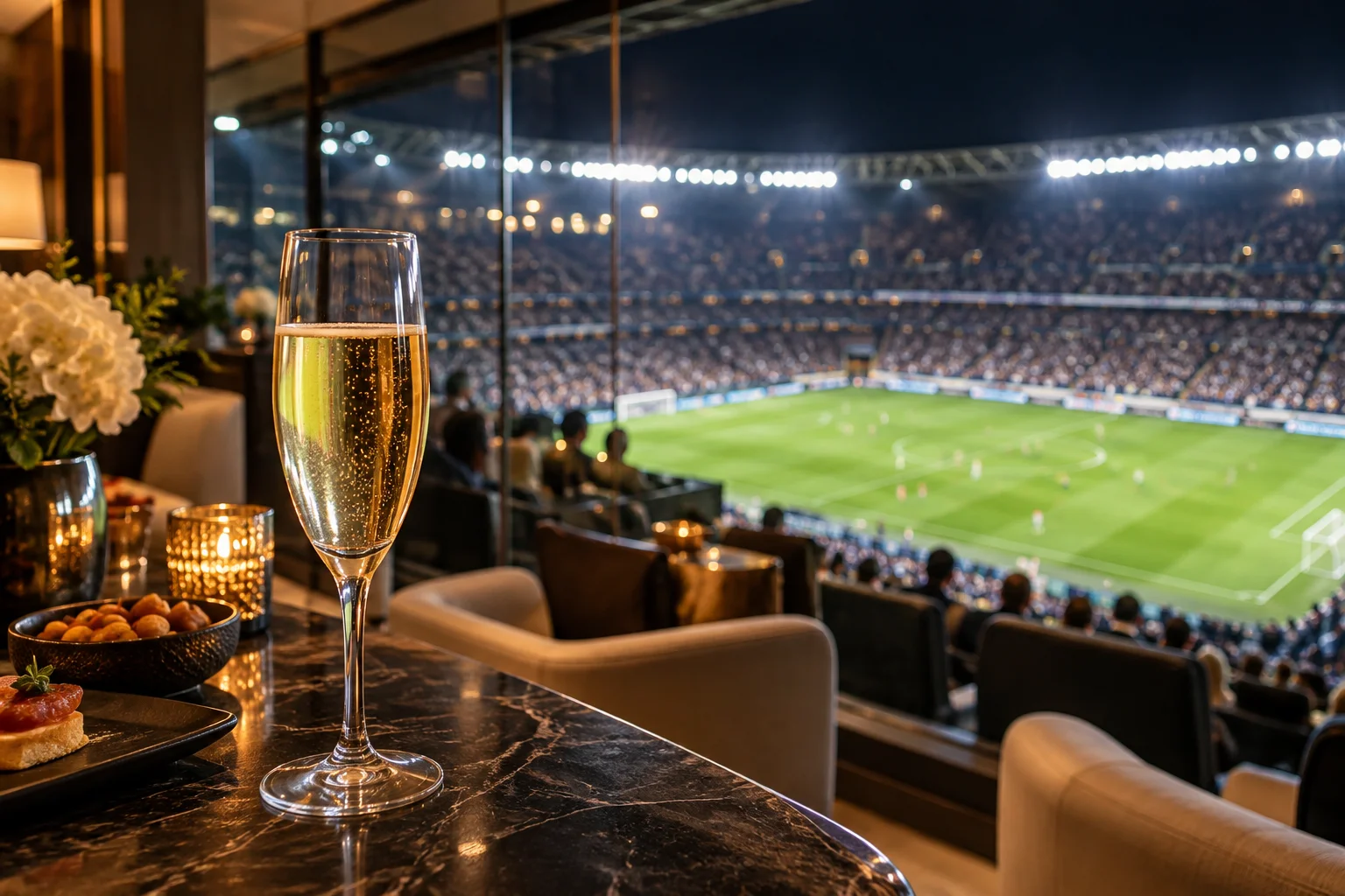 Camarote VIP com vista para estádio iluminado