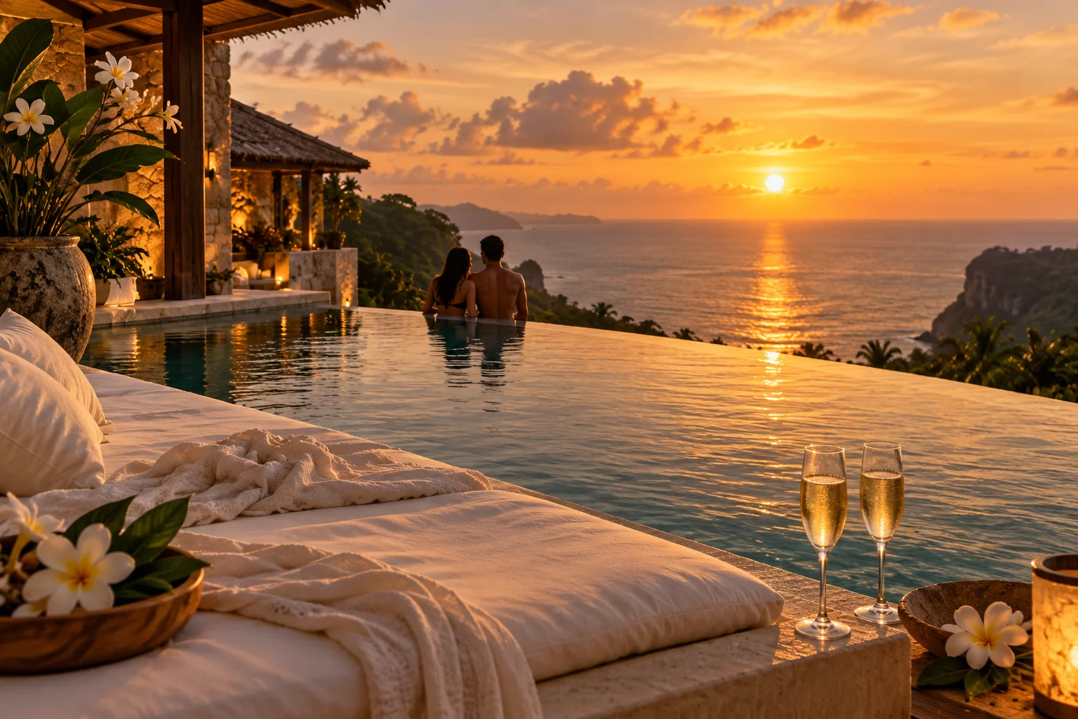 Villa com piscina privativa de frente para o mar ao pôr do sol